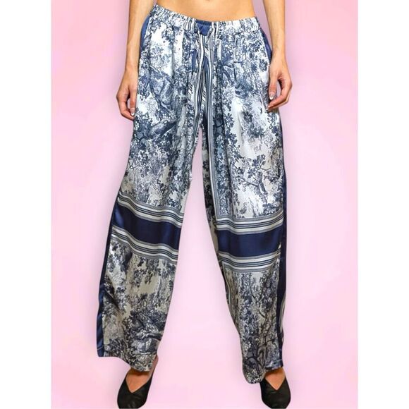 POL Pants - POL Wide Leg Toile Print Pants Navy Ivory Boho Drawstring Palazzo Pants Large